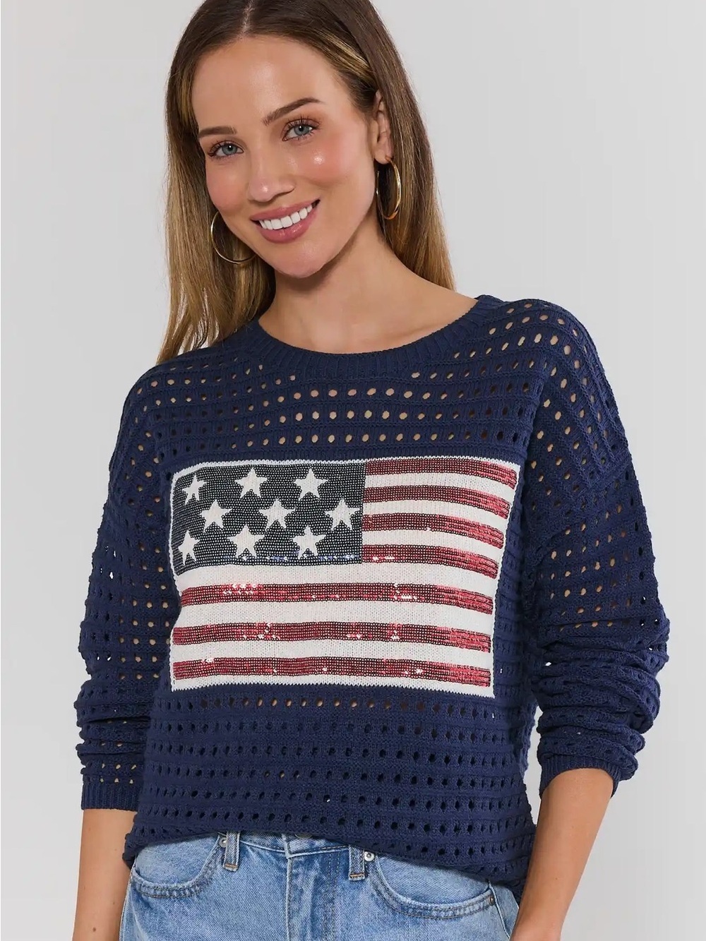 AVARA Sequin American Flag Knit Sweater Size Medium Oversized Navy